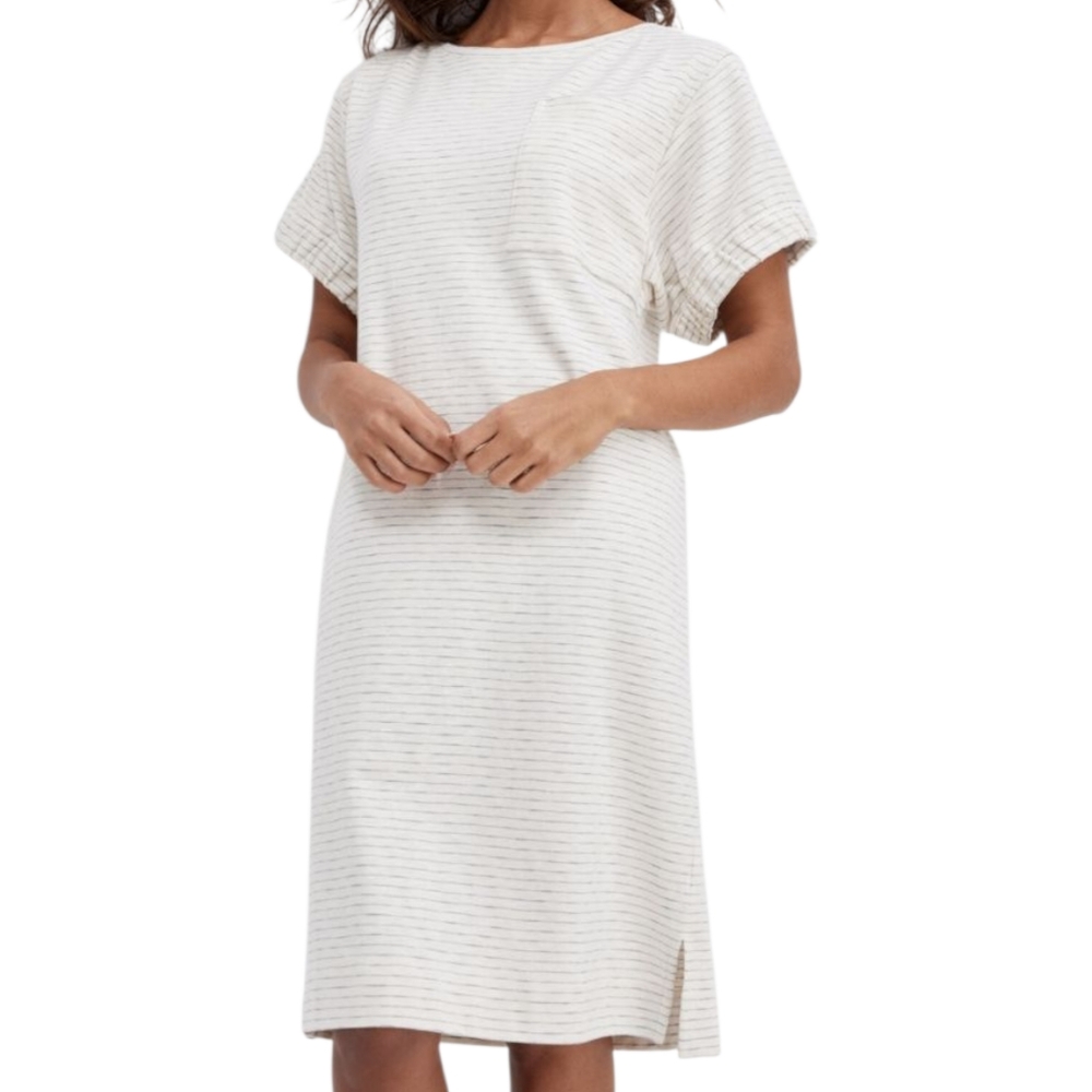 Haven Well Within Talbots Striped Cotton Linen Shift Dress Pocket Small Beige